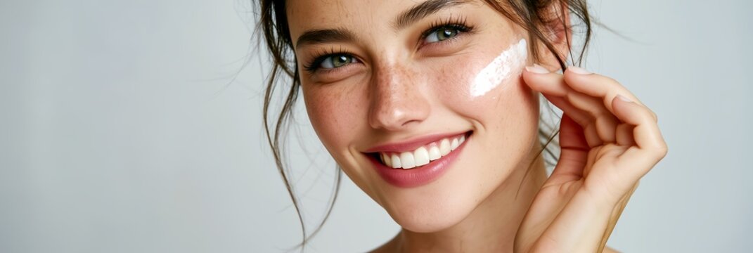 Soft skin close-up of woman with moisturizing cream, minimal beauty concept