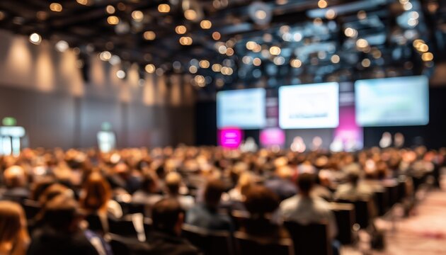 Blurred Image Of Packed Conference Hall With Audience Engrossed In Presentation On Stage With Advanced Av Equipment. Defocused Photograph.