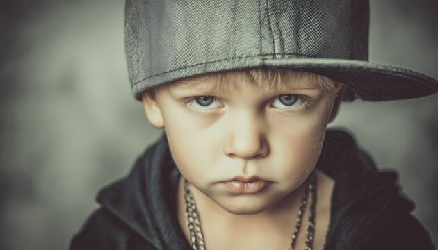 Stylish Little Boy In Hip-Hop Fashion, Wearing A Handsome Tracker Hat: Young Rapper, Serious Child In Cap, 4 Years Old.