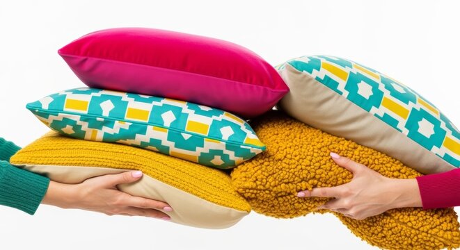 Two women holding a large stack of bright colorful pillows isolated on a white background.