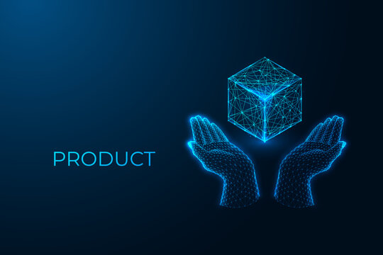 Digital product presentation with hands and cube, innovation, offering, technology solution concept 