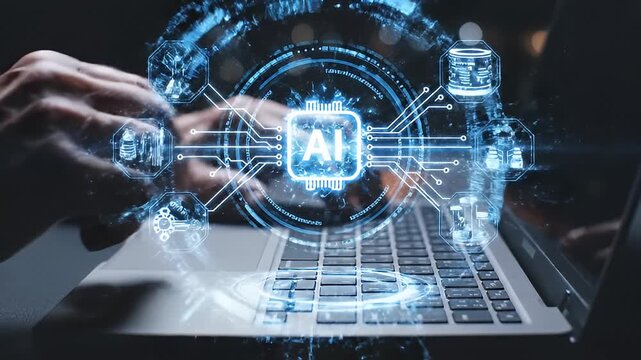 Person using laptop with artificial intelligence futuristic display
