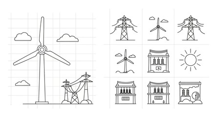 Wind turbine line icons and symbols. © gabriel