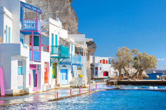 Vibrant fishing village of Klima with white houses and colorful doors on Milos Island in Greece