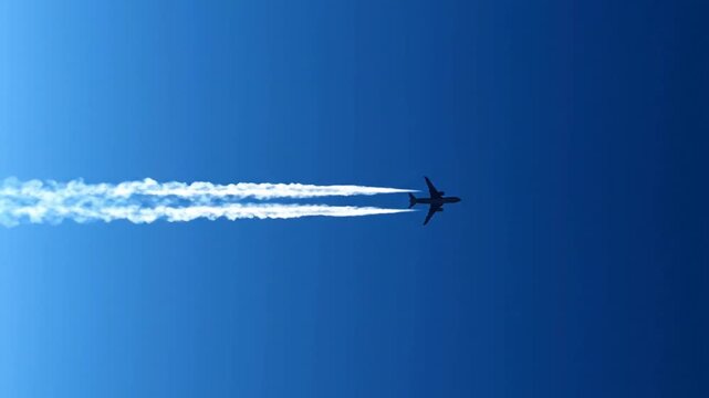 Airplane flying high with contrails against clear blue sky