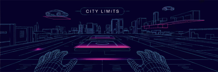Fototapeta premium Futuristic neon cyber city skyline with flying cars and VR wireframe hands in digital hologram interface perspective