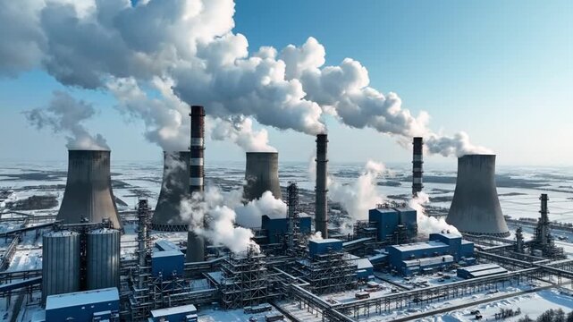 Industrial power plant emitting smoke over snow-covered winter landscape