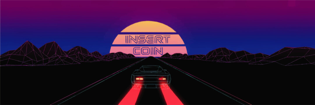 Retro futuristic car driving into neon sunset with insert coin text, synthwave cyber landscape, 80s arcade vaporwave art