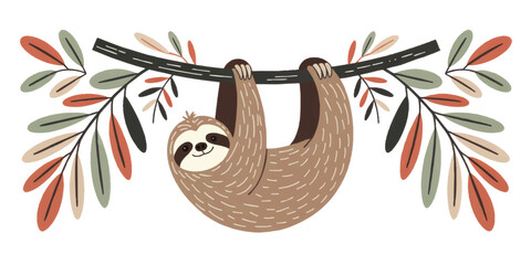 Naklejka premium Cute sloth hanging on branch with colorful leaves, playful nursery animal illustration, kids room wall art, cartoon vector