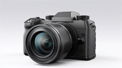 Fototapeta premium Modern professional digital camera with a large wide-angle lens isolated on a white studio background, featuring a sleek black design and advanced controls for high-quality photography