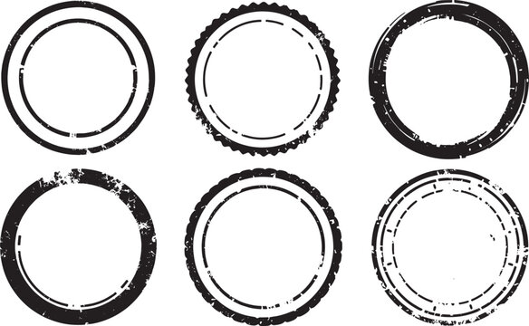 Grunge circle stamp frames with distressed texture in black ink, set of rough round borders and worn seal shapes arranged in collection, abstract vintage design elements, 