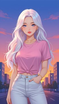 Anime asian young woman with long white hair posing on asian city street at sunset
