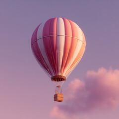 Naklejka premium A vibrant pink and white striped hot air balloon floats gracefully through a soft purple and pink sky at sunset, with gentle clouds in the background creating a dreamy and peaceful atmosphere