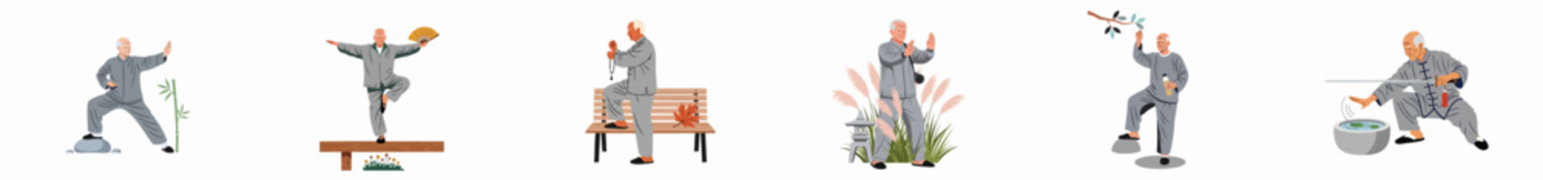 Set of flat illustrations featuring an elderly Asian man practicing traditional Chinese martial arts, Tai Chi, Qigong, and swordplay in peaceful outdoor settings.