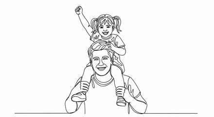 Obraz premium A smiling man with a girl sitting on his shoulders and her arm raised in excitement in a line drawin