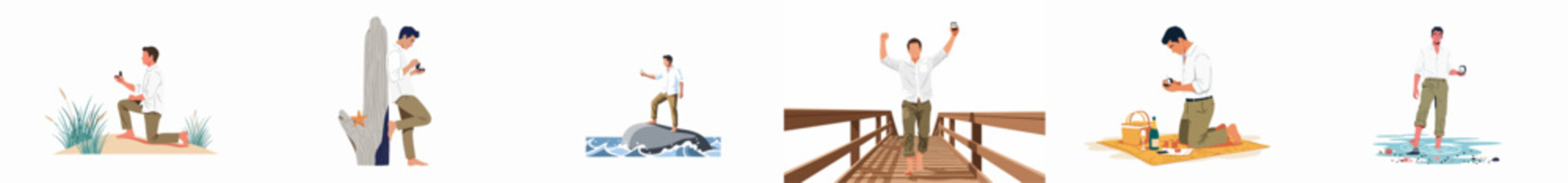 A collection of romantic proposal illustrations featuring a man in different coastal locations with an engagement ring, picnic, and celebration.