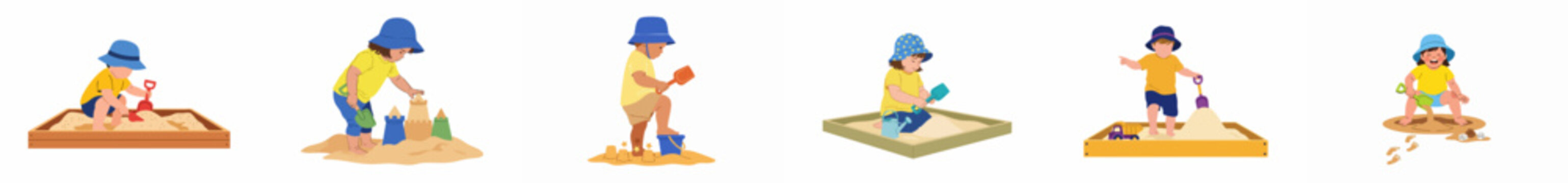 Set of flat vector illustrations of cute toddlers playing in a sandbox with shovels, buckets, and sandcastles, isolated on white background.