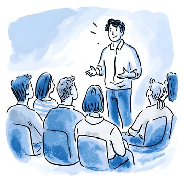A young man gives a presentation to a small attentive group in a circle of chairs du a meeting in shades of blue artwork style.