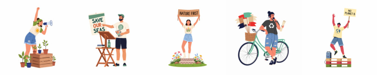 Diverse environmental activists protesting for climate change and nature conservation with placards, megaphones, and slogans like No Planet B and Save Our Seas. © Limo