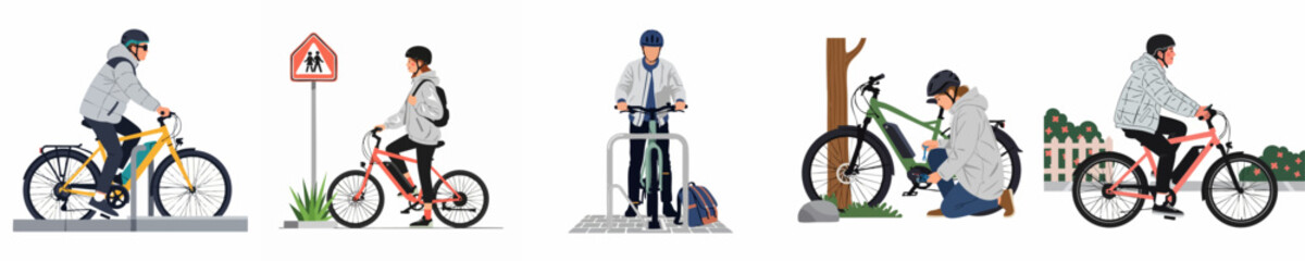 Fototapeta premium Flat vector illustrations set of diverse people using electric bicycles for commuting, school, and leisure, including riding, parking, and maintenance scenes.