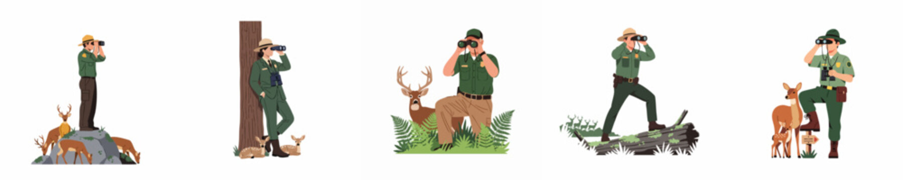Set of park rangers and game wardens using binoculars to monitor deer and fawns in various natural forest settings, isolated vector illustrations.