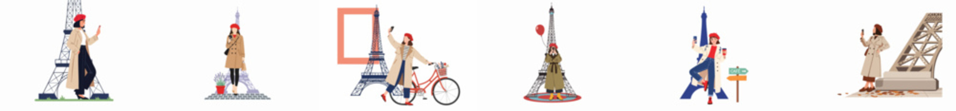 Set of vector illustrations depicting a stylish woman enjoying a vacation in Paris, visiting the Eiffel Tower, taking photos, and exploring the city.