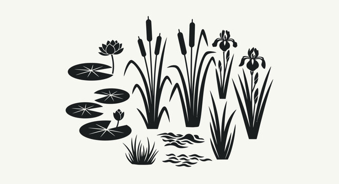 Black silhouette of aquatic plants and flowers.
