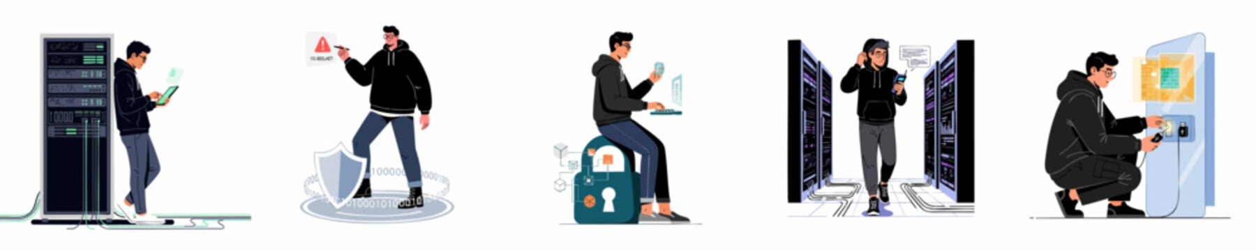 Set of flat illustrations featuring a cybersecurity professional managing servers, protecting data, and maintaining network security in a modern data center environment.
