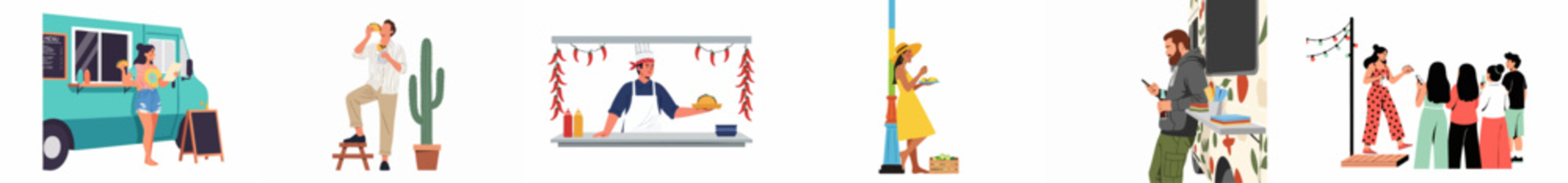 Flat vector illustrations of people buying and eating tacos from colorful food trucks and market stalls at an outdoor street food festival.