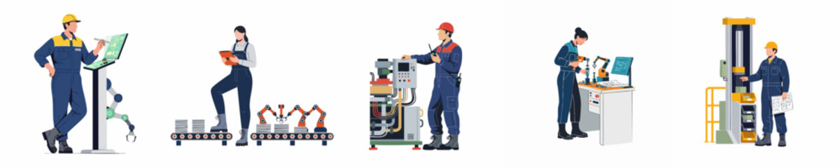 Fototapeta premium Flat vector illustration of industrial workers and engineers operating automated machinery, robots, and control systems in a modern smart factory setting.