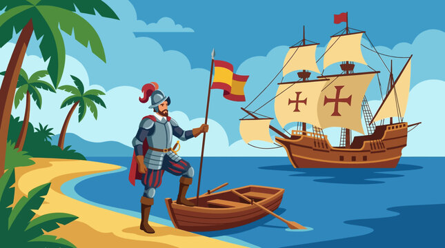 Flat vector illustration of Juan Ponce de Leon landing on Florida shores with Spanish galleon