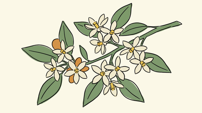Hand-drawn style orange blossom branch with green leaves and delicate white petals