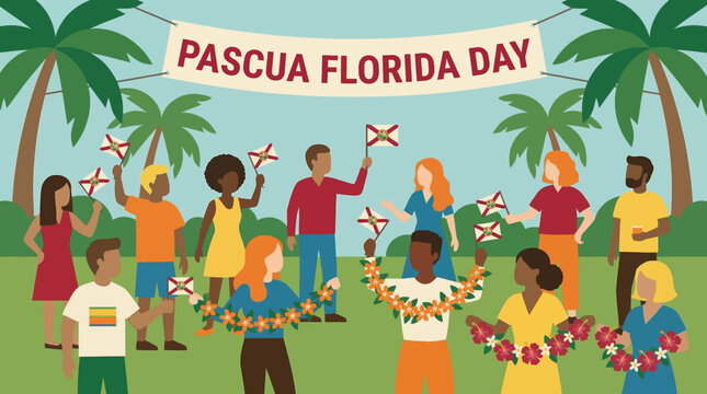 Group of diverse people celebrating Pascua Florida Day with state flags and flowers