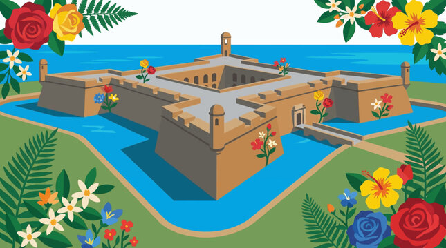Vector illustration of the Saint Augustine Castillo de San Marcos with floral accents