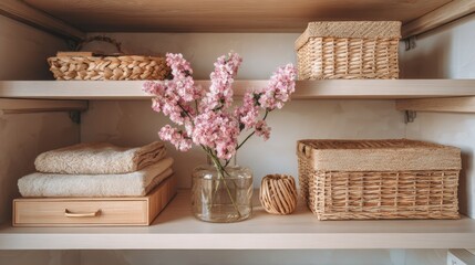 Obraz premium Spring Declutter and Organization Idea With Spring Decor and Neat Shelves Featuring Flowers and Natural Materials for a Clean and Tidy Space