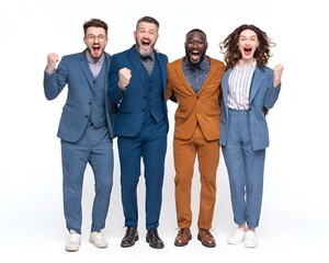 Obraz premium Diverse group of stylishly dressed young professionals celebrate a success with enthusiastic expressions and raised fists on a clean white background.