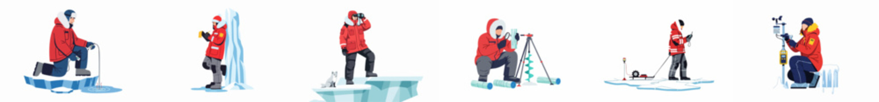 Collection of polar researchers performing scientific studies including ice core analysis, wildlife observation, and weather monitoring in a cold Arctic or Antarctic landscape.
