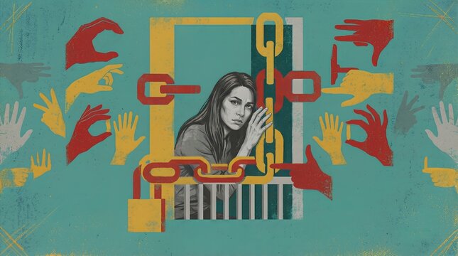 Conceptual art of a vulnerable woman trapped behind bars and chains, surrounded by judging hands pointing and reaching, symbolizing social pressure, harassment, and isolation.