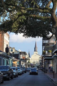 French Quarter New Orleans: :Looking down Orleans street towards St. Louis Cathedral.