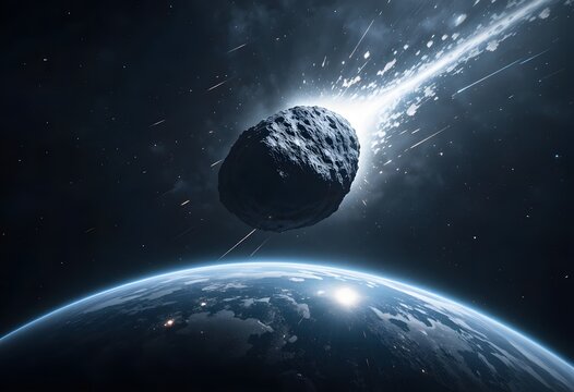 Asteroid impacting planet Earth in a dramatic space scene with debris and fire