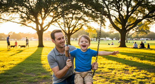 a man and a young boy playing in a park with trees in the background outdoor activity family fun par