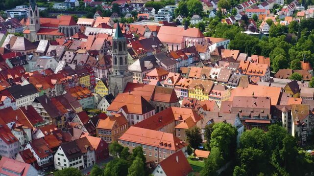 An  Aerial view around the old town beside the city Rottweil in Germany on a sunny summer day in the Black forest.