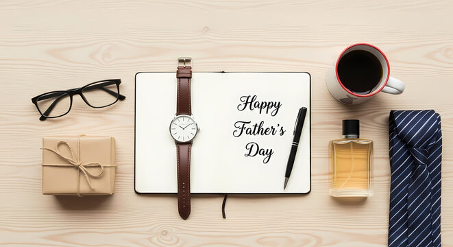 Flat lay of Happy Father's Day celebration with gifts and accessories on wooden table background acc