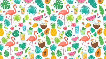 Fototapeta premium Colorful tropical flamingo pattern with pineapples and lush foliage for decorative design.