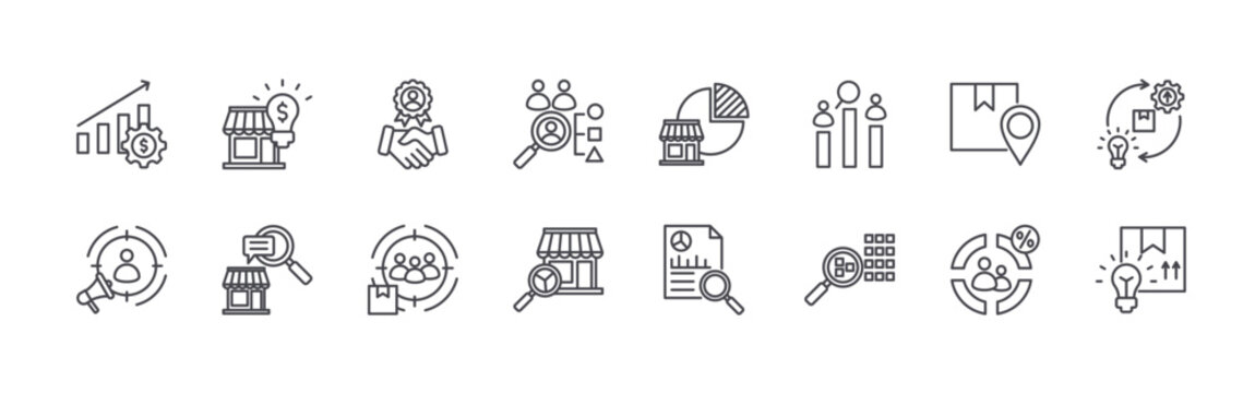 set of 16 thin line market research icons including revenue growth, target audience, market intelligence, qualitative research, customer loyalty, target market, data sample,