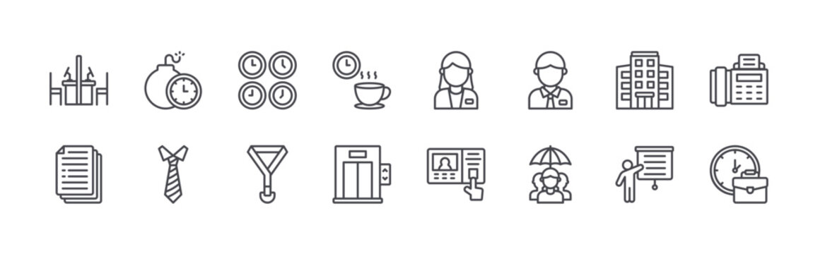 set of 16 thin line office icons including cubicle, document, deadline, tie, timezone, lanyard, coffee break, lift, employee. editable stroke vector illustration isolated on white