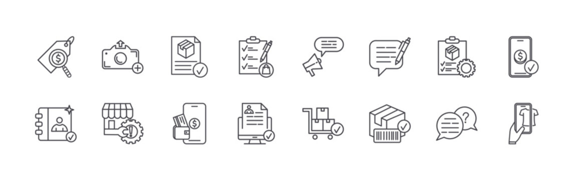 set of 16 thin line online seller cycle icons including search price, contact center, upload photo, problem analysis, confirmation, payment method, product previews, register,