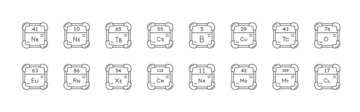 set of 16 thin line periodic table icons including niobium, europium, neon, radon, terbium, xenon, cesium, copernicium, boron. editable stroke vector illustration isolated on white