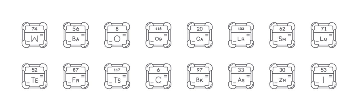 set of 16 thin line periodic table icons including tungsten, tellurium, barium, francium, oxygen, tennessine, oganesson, carbon, calcium. editable stroke vector illustration isolated on white