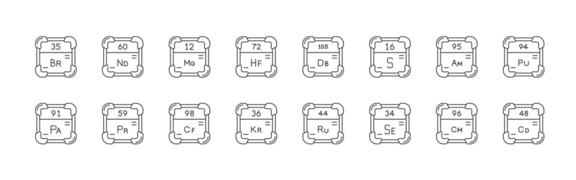 set of 16 thin line periodic table icons including bromine, protactinium, neodymium, praseodymium, magnesium, californium, hafnium, krypton, dubnium. editable stroke vector illustration isolated on